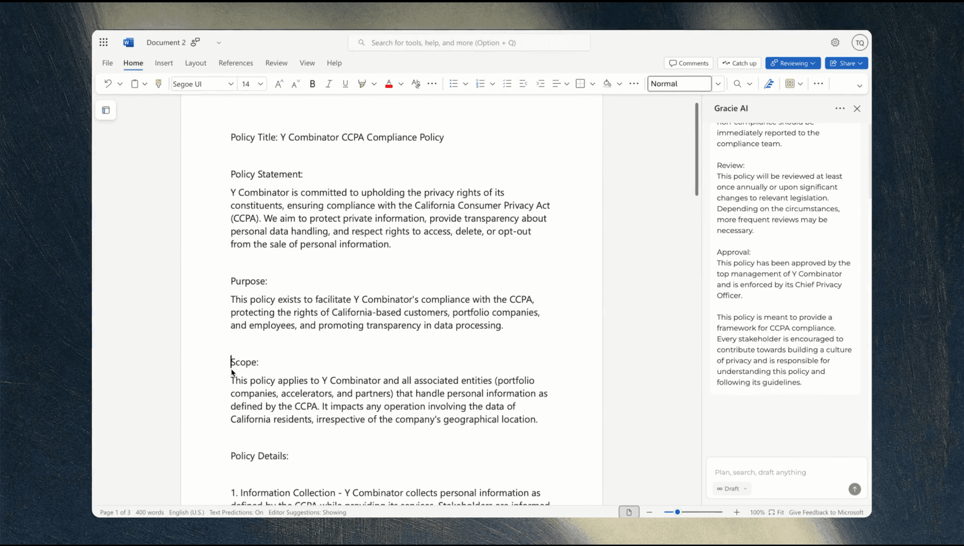 Microsoft Word Editor interface showing AI-powered policy drafting